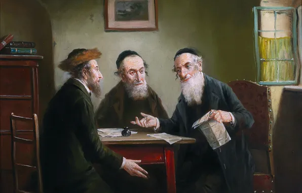 Picture, Three, Old people, Hungarian artist, The Talmud, Study of the Talmud, Lajos Koloszvary, Lajos …