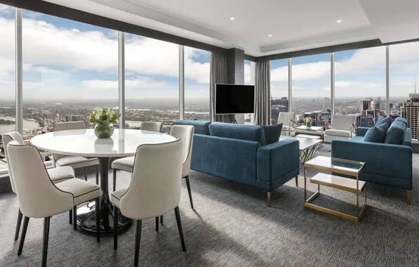 Design, style, interior, penthouse, megapolis, living room, dining room, glass walls