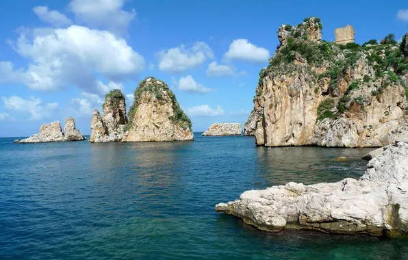 Picture the sky, clouds, landscape, nature, rock, the ocean, shore, mountain