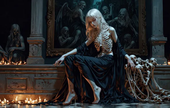 Skull, Noir, the crypt, undead, torn clothes, black cloak, in the dark, burning candles