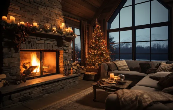 Comfort, house, heat, room, fire, flame, interior, Christmas