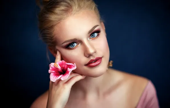Flower, look, girl, face, smile, the dark background, sweetheart, hand