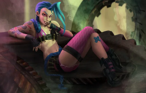 Picture girl, art, hairstyle, League of Legends, jinx