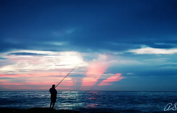Sea, landscape, fisherman