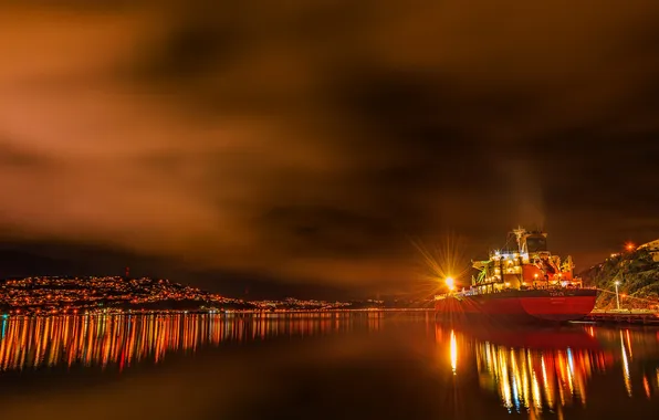 Picture sea, night, the city, lights, hills, ship, New Zealand