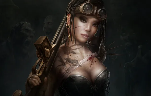 Girl, dark, glasses, the gun