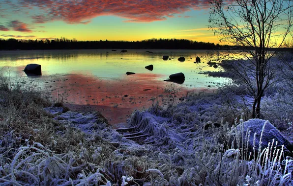 Winter, frost, landscape, sunset, lake