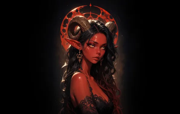Girl, the demon, black background, red leather