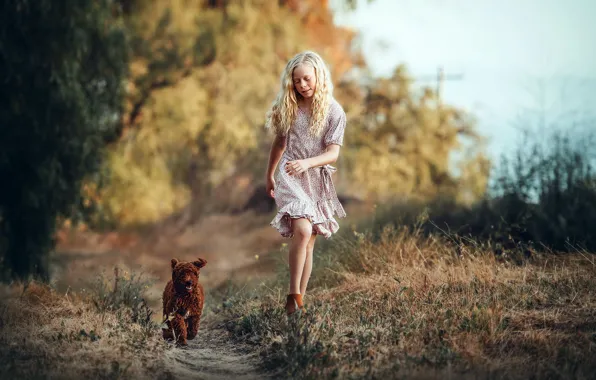 Picture dog, girl, walk