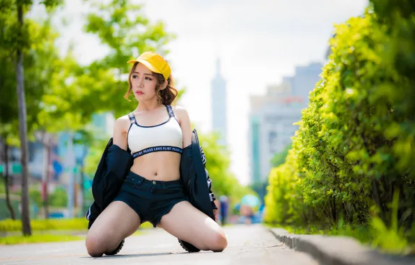 Picture girl, sexy, pose, shorts, cap, Asian, bokeh