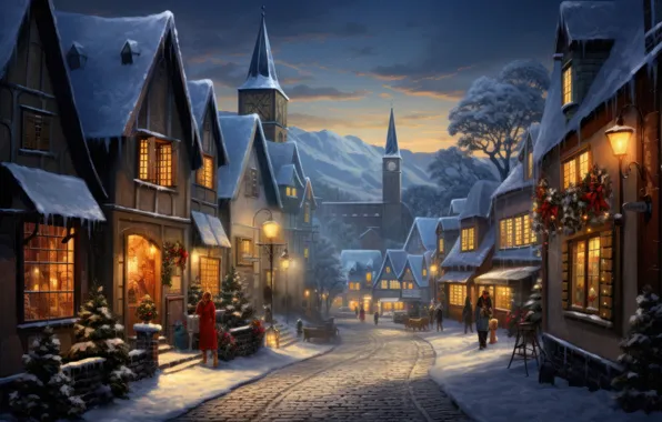 Winter, snow, the city, house, building, home, Christmas, New year