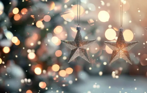 Winter, stars, snow, lights, Christmas, New year, snowfall, bokeh