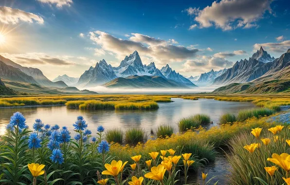 Picture landscape, flowers, mountains, lake