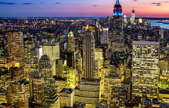 Picture the sky, clouds, sunset, lights, home, skyscrapers, megapolis