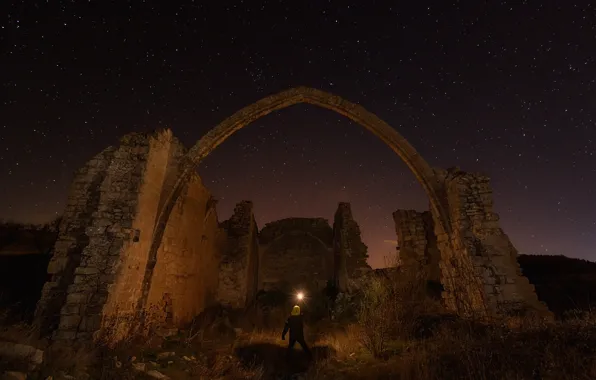 The sky, grass, night, stones, people, stars, the ruins, lantern
