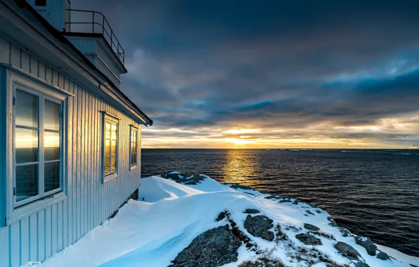 Sea, the sky, the sun, clouds, snow, sunset, clouds, house