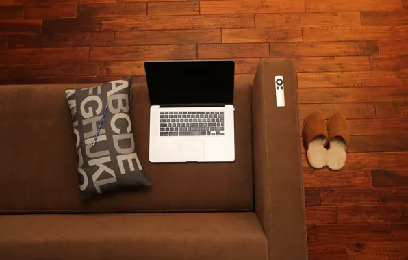 Picture sofa, pillow, pencil, laptop, Slippers