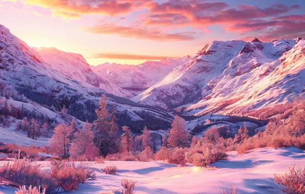 Sunset, Mountains, Alps, Pink, Landscapes, Pink mountain