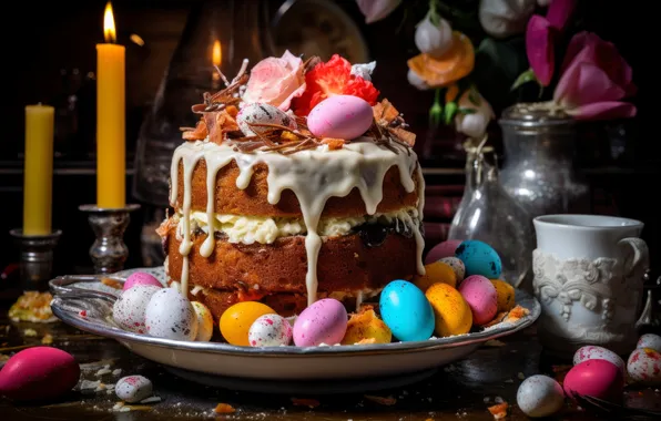 Holiday, eggs, candles, Easter, cake, cream, universal holiday background