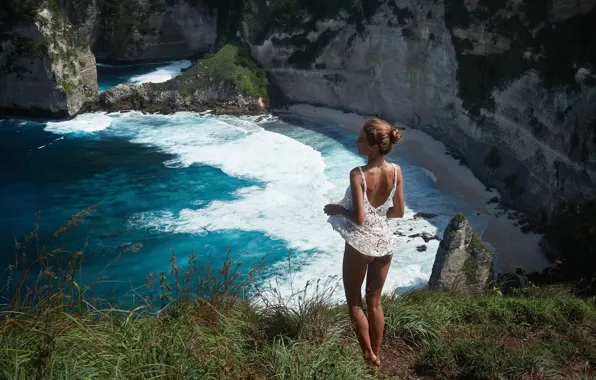 Sea, beach, grass, girl, nature, rocks, shore, Bay