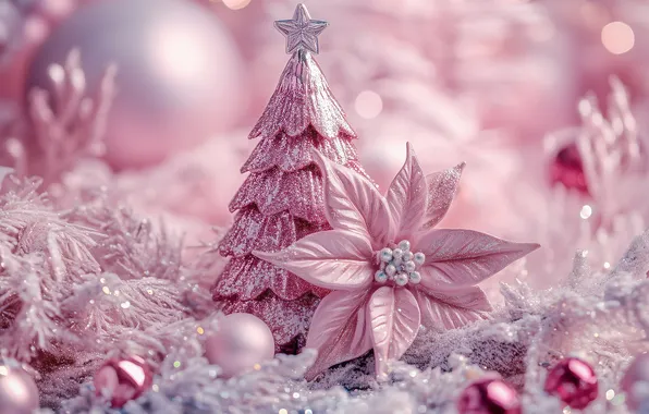 Frost, flower, balls, pink, toy, herringbone, pink background, bokeh