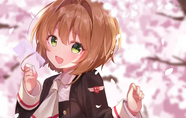 Smile, spring, petals, girl, Card Captor Sakura, Sakura - collector cards