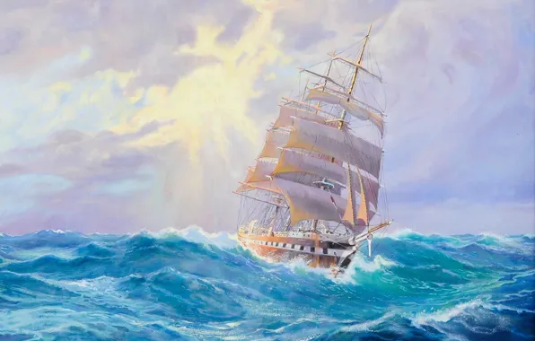 Picture sea, wave, ship, sailboat, Adolf Bock