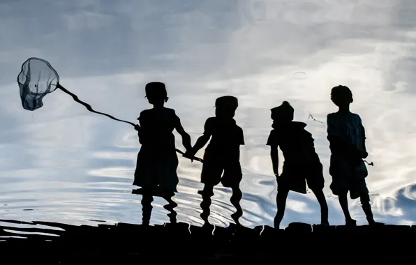 Children, Maryland, Chesapeake Bay, Maryland, Four, Catching crabs with Children, Butterfly net, Chesapeake Bay