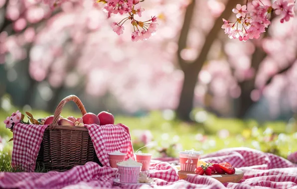 Trees, Park, spring, Sakura, picnic, flowering, trees, pink