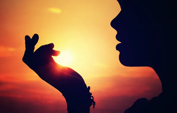 Girl, sunset, the person's hand