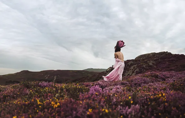 Field, girl, flowers, pose, back, dress, meadow, tulips
