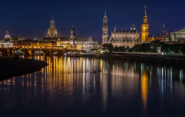 Night, bridge, lights, river, building, home, Germany, Dresden