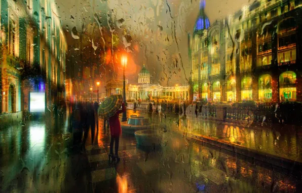 Autumn, girl, the city, lights, umbrella, street, home, St. Petersburg