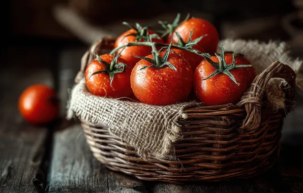 Drops, light, the dark background, table, Board, harvest, red, basket