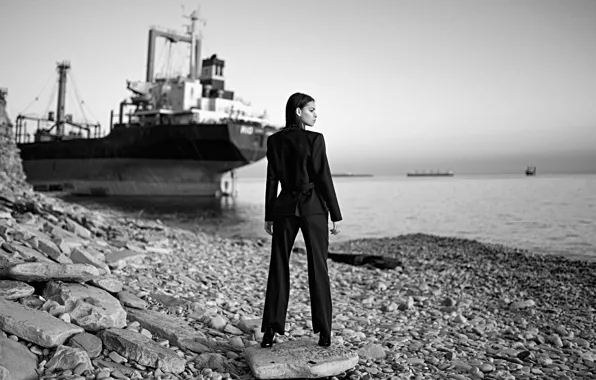 Sea, girl, pebbles, b/W, costume, black and white, the ship, boulders