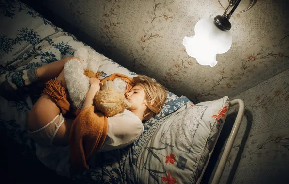 Pose, model, panties, lamp, blonde, sleeping, bed, lies
