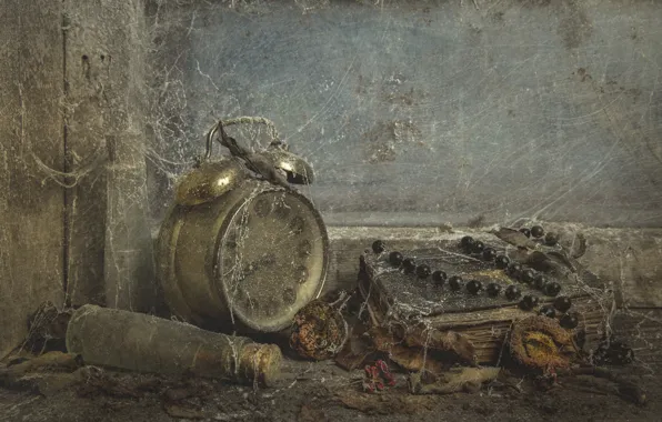 Watch, web, dust, alarm clock, rosary, naturalism, old book