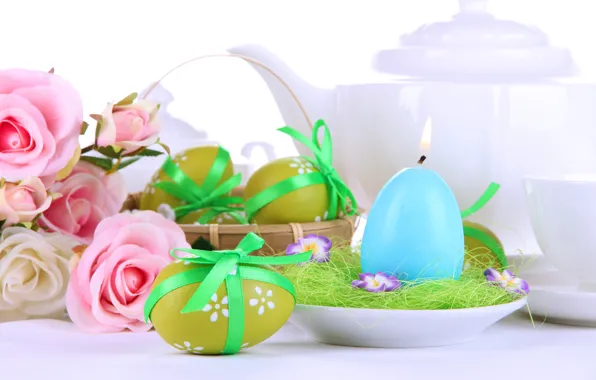 Flowers, holiday, roses, candle, eggs, spring, kettle, Easter
