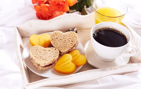 Coffee, Breakfast, juice, tray, toast