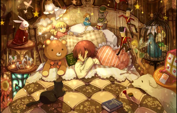 Picture animals, toys, bed, pillow, boy, girl, books, a lot