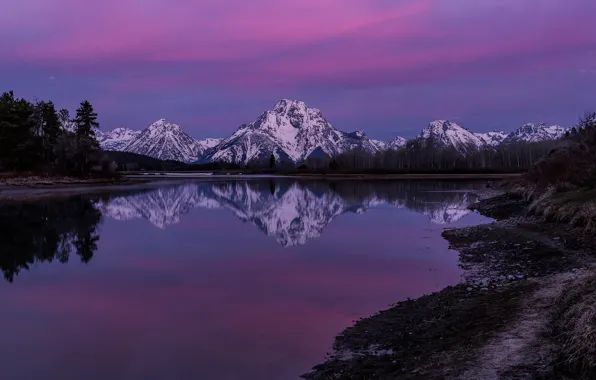 Mountains, reflection, river, dawn, morning, Wyoming, Wyoming, Grand Teton National Park