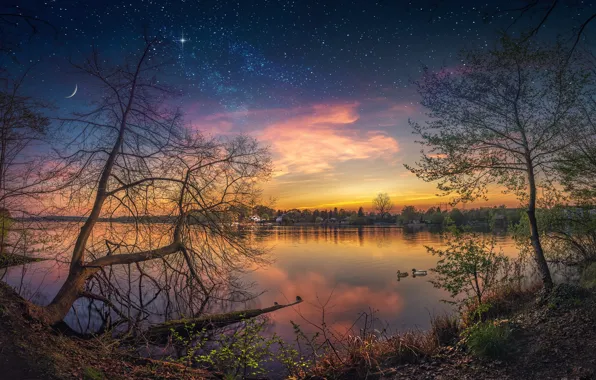 The sky, stars, trees, reflection, river
