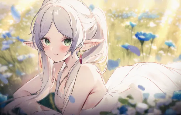 Grass, girl, flowers, elf, Sousou no Frieren, Freeze