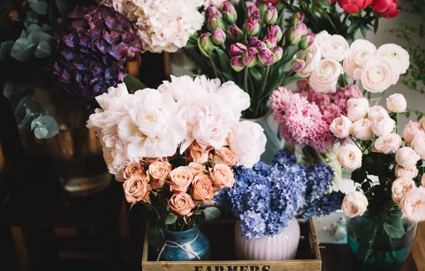 Flowers, roses, bouquet, blue, tulips, pink, box, a lot