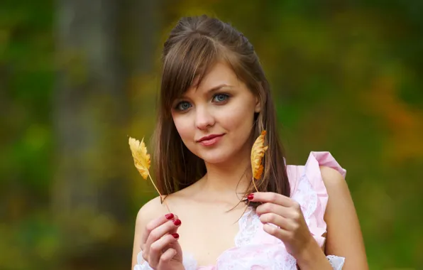 Autumn, look, girl, brown hair, Emily, marigolds, leaves, amelie