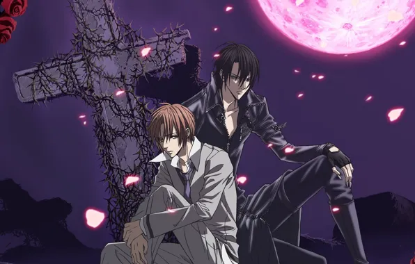 Night, roses, cross, guys, two, art, blood moon, hotaru odagiri