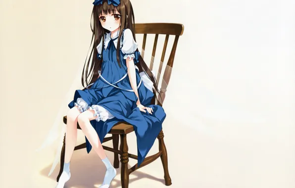 Chair, socks, bow, wings, long hair, touhou, art, blue dress
