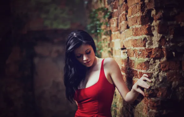 Girl, wall, in red