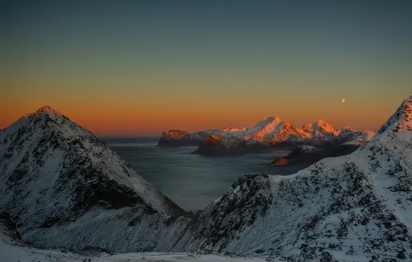 Picture winter, sea, snow, mountains, the moon, Bay, twilight