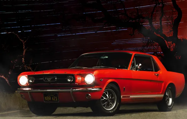 Picture car, night, red, ford mustang, muscle car
